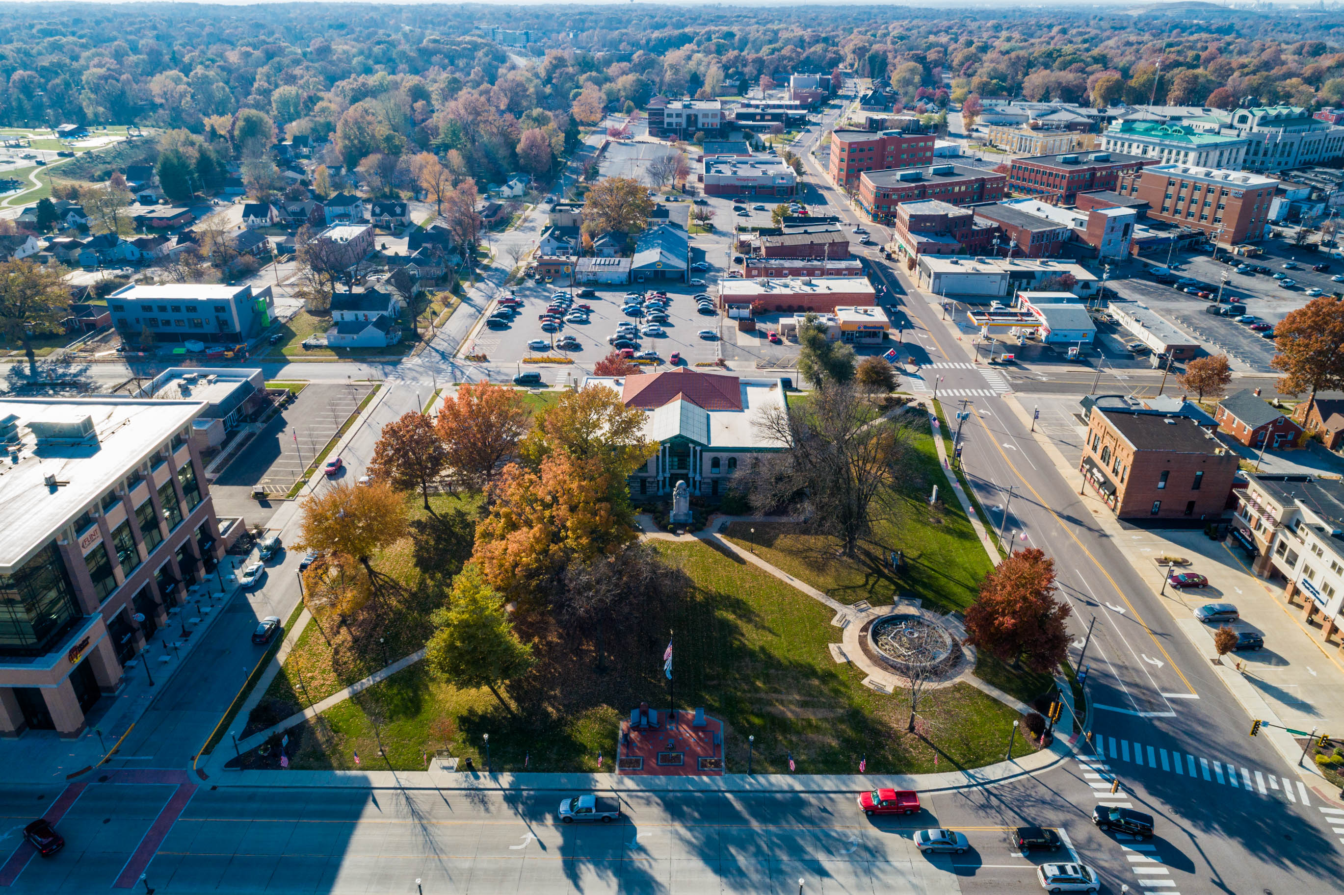 Aerial view of downtown Edwardsville, Illinois - home of 618 Systems