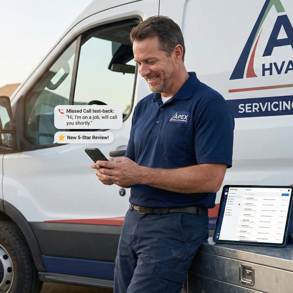 HVAC technician using 618 Systems to respond to missed calls and receive review notifications